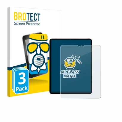 Parte frontal de un envase de producto con el logotipo de la marca BROTECT. Al lado se muestra el dispositivo Apple iPad Pro 1