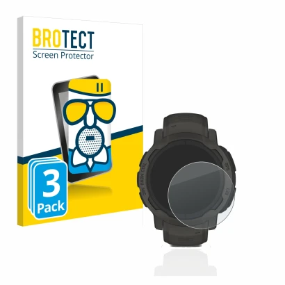 Parte frontal de un envase de producto con el logotipo de la marca BROTECT. Al lado se muestra el dispositivo Garmin Instinct 