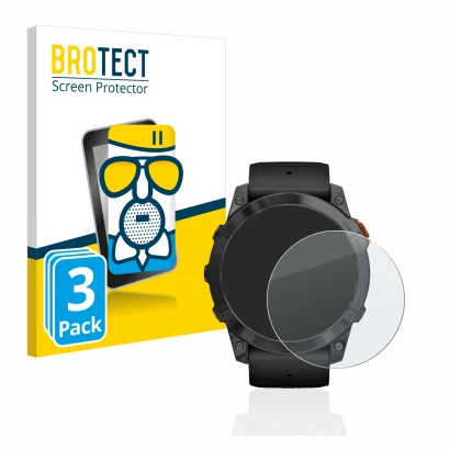 Parte frontal de un envase de producto con el logotipo de la marca BROTECT. Al lado se muestra el dispositivo Garmin Fenix 7X 