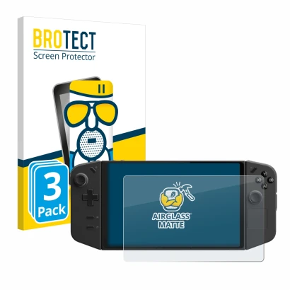 Parte frontal de un envase de producto con el logotipo de la marca BROTECT. Al lado se muestra el dispositivo Lenovo Legion Go