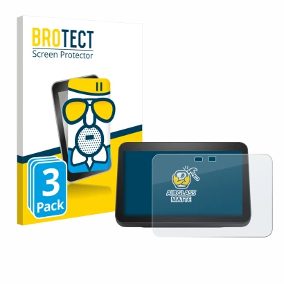 Parte frontal de un envase de producto con el logotipo de la marca BROTECT. Al lado se muestra el dispositivo Amazon Echo Show