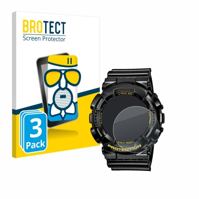 Parte frontal de un envase de producto con el logotipo de la marca BROTECT. Al lado se muestra el dispositivo Casio G-Shock GA