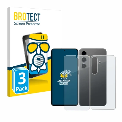 Parte frontal de un envase de producto con el logotipo de la marca BROTECT. Al lado se muestra el dispositivo Samsung Galaxy S