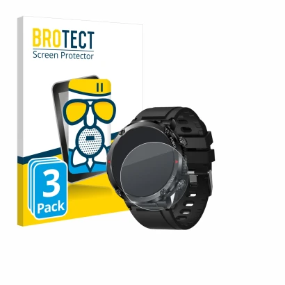 Parte frontal de un envase de producto con el logotipo de la marca BROTECT. Al lado se muestra el dispositivo LIGE Smartwatch 