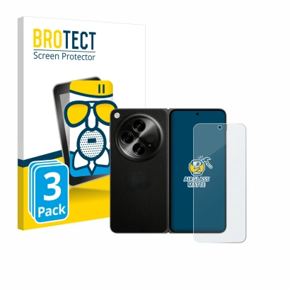 Parte frontal de un envase de producto con el logotipo de la marca BROTECT. Al lado se muestra el dispositivo OnePlus Open (ca