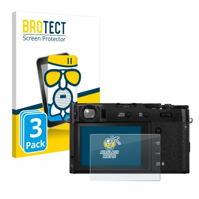Parte frontal de un envase de producto con el logotipo de la marca BROTECT. Al lado se muestra el dispositivo Fujifilm X100VI 