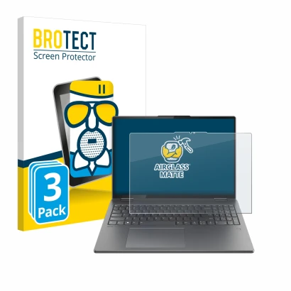 Parte frontal de un envase de producto con el logotipo de la marca BROTECT. Al lado se muestra el dispositivo Lenovo Yoga 7i 2