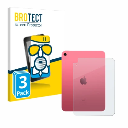 Parte frontal de un envase de producto con el logotipo de la marca BROTECT. Al lado se muestra el dispositivo Apple iPad 10.9"