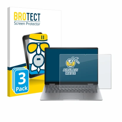 Parte frontal de un envase de producto con el logotipo de la marca BROTECT. Al lado se muestra el dispositivo HP Envy x360 14