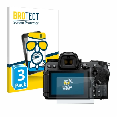 Parte frontal de un envase de producto con el logotipo de la marca BROTECT. Al lado se muestra el dispositivo Nikon Z6 III con