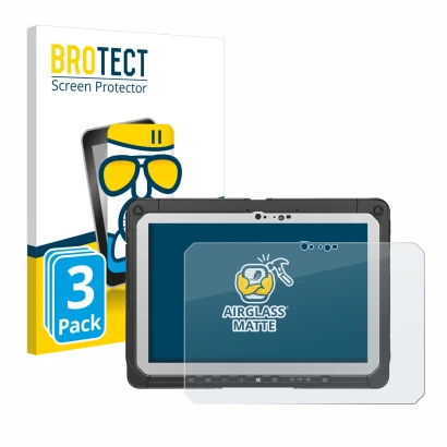 Parte frontal de un envase de producto con el logotipo de la marca BROTECT. Al lado se muestra el dispositivo Panasonic Toughb