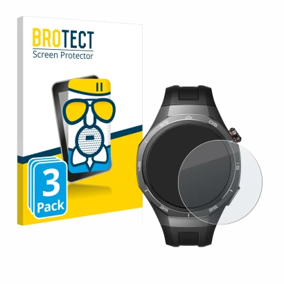Parte frontal de un envase de producto con el logotipo de la marca BROTECT. Al lado se muestra el dispositivo Huawei Watch GT 