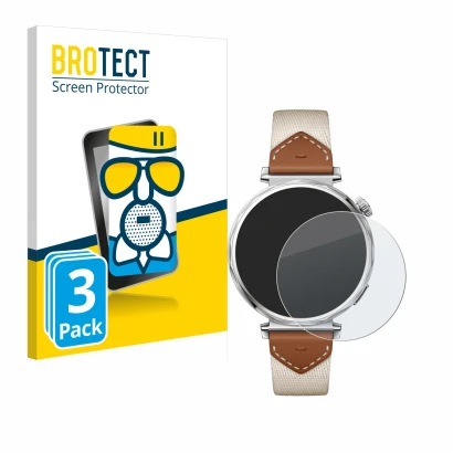 Parte frontal de un envase de producto con el logotipo de la marca BROTECT. Al lado se muestra el dispositivo Huawei Watch GT 