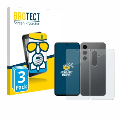 Parte frontal de un envase de producto con el logotipo de la marca BROTECT. Al lado se muestra el dispositivo Samsung Galaxy S