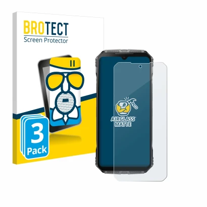 Parte frontal de un envase de producto con el logotipo de la marca BROTECT. Al lado se muestra el dispositivo Doogee S Cyber c