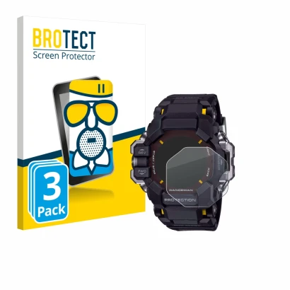 Parte frontal de un envase de producto con el logotipo de la marca BROTECT. Al lado se muestra el dispositivo Casio G-Shock GP