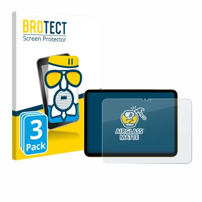 Parte frontal de un envase de producto con el logotipo de la marca BROTECT. Al lado se muestra el dispositivo Apple iPad Air 1