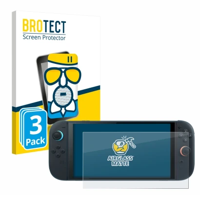 Parte frontal de un envase de producto con el logotipo de la marca BROTECT. Al lado se muestra el dispositivo Nintendo Switch 