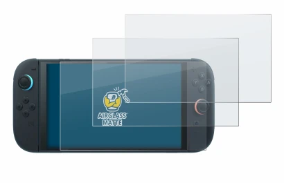 Imagen del dispositivo Nintendo Switch 2 con una amplia variedad de protectores de pantalla.