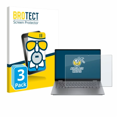 Parte frontal de un envase de producto con el logotipo de la marca BROTECT. Al lado se muestra el dispositivo HP OmniBook X Fl