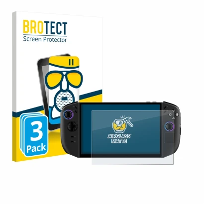 Parte frontal de un envase de producto con el logotipo de la marca BROTECT. Al lado se muestra el dispositivo Lenovo Legion Go