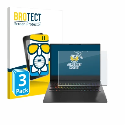 Parte frontal de un envase de producto con el logotipo de la marca BROTECT. Al lado se muestra el dispositivo HP Omen Transcen