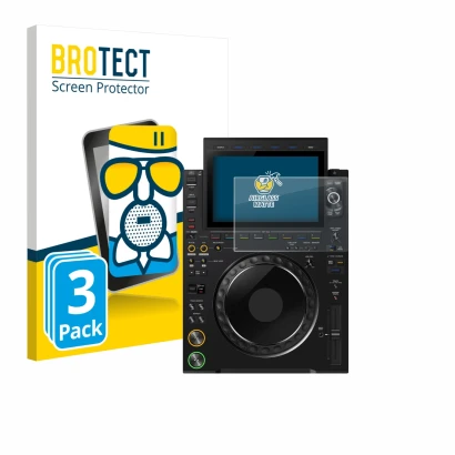Parte frontal de un envase de producto con el logotipo de la marca BROTECT. Al lado se muestra el dispositivo Pioneer CDJ 3000
