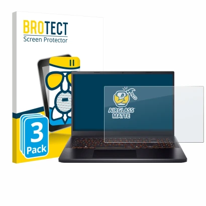 Parte frontal de un envase de producto con el logotipo de la marca BROTECT. Al lado se muestra el dispositivo Acer Nitro V 15 