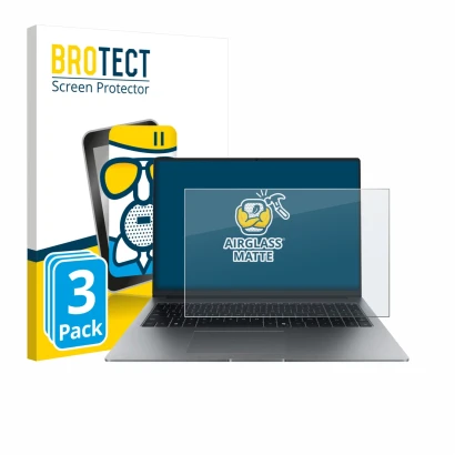 Parte frontal de un envase de producto con el logotipo de la marca BROTECT. Al lado se muestra el dispositivo Honor MagicBook