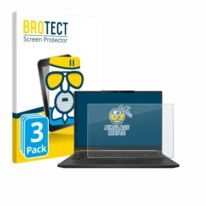 Parte frontal de un envase de producto con el logotipo de la marca BROTECT. Al lado se muestra el dispositivo MSI Stealth A16 