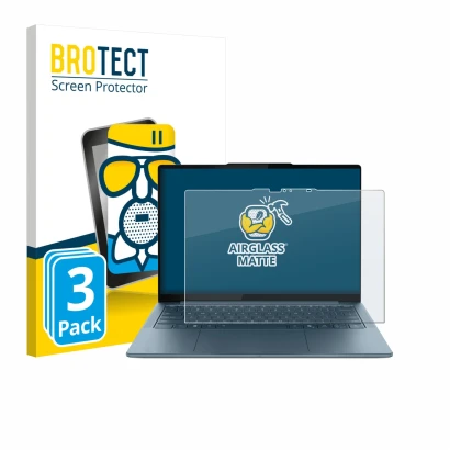 Parte frontal de un envase de producto con el logotipo de la marca BROTECT. Al lado se muestra el dispositivo Lenovo Yoga Slim