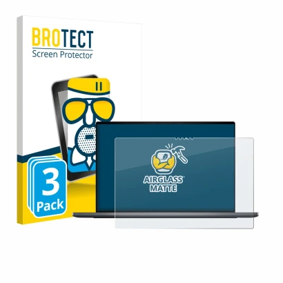 Parte frontal de un envase de producto con el logotipo de la marca BROTECT. Al lado se muestra el dispositivo Dell XPS 16 DA16