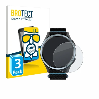 Parte frontal de un envase de producto con el logotipo de la marca BROTECT. Al lado se muestra el dispositivo Garmin Approach 