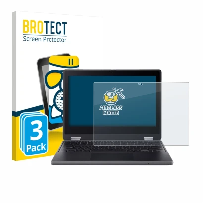 Parte frontal de un envase de producto con el logotipo de la marca BROTECT. Al lado se muestra el dispositivo Acer Chromebook 