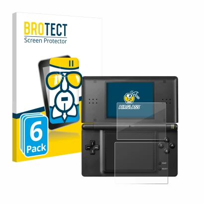 Parte frontal de un envase de producto con el logotipo de la marca BROTECT. Al lado se muestra el dispositivo Nintendo DS LITE