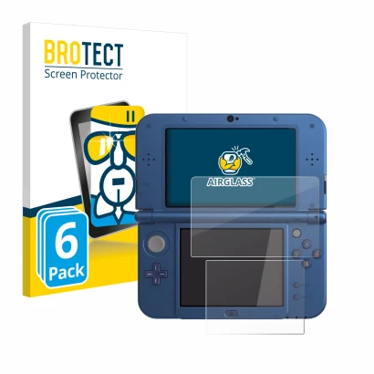 Parte frontal de un envase de producto con el logotipo de la marca BROTECT. Al lado se muestra el dispositivo Nintendo New 3DS