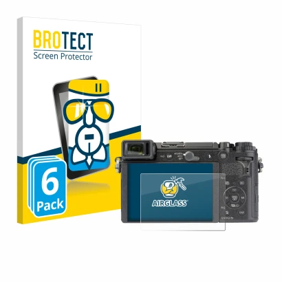 Parte frontal de un envase de producto con el logotipo de la marca BROTECT. Al lado se muestra el dispositivo Panasonic Lumix 