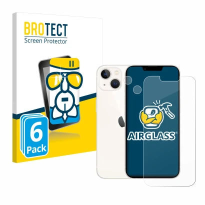 Parte frontal de un envase de producto con el logotipo de la marca BROTECT. Al lado se muestra el dispositivo Apple iPhone 13 