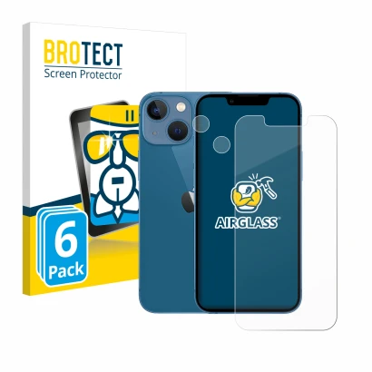 Parte frontal de un envase de producto con el logotipo de la marca BROTECT. Al lado se muestra el dispositivo Apple iPhone 13 