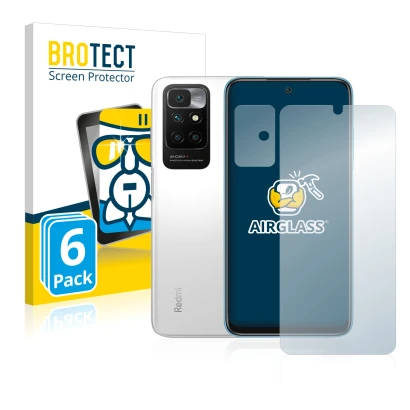 Parte frontal de un envase de producto con el logotipo de la marca BROTECT. Al lado se muestra el dispositivo Xiaomi Redmi 10