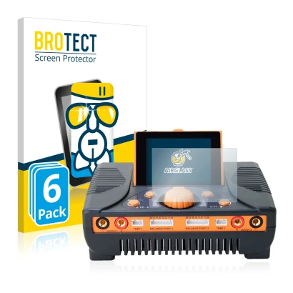 Parte frontal de un envase de producto con el logotipo de la marca BROTECT. Al lado se muestra el dispositivo Junsi iCharger 4