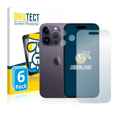 Parte frontal de un envase de producto con el logotipo de la marca BROTECT. Al lado se muestra el dispositivo Apple iPhone 14