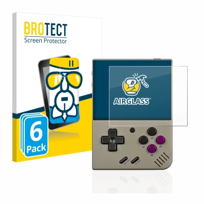 Parte frontal de un envase de producto con el logotipo de la marca BROTECT. Al lado se muestra el dispositivo Miyoo Mini Plus 