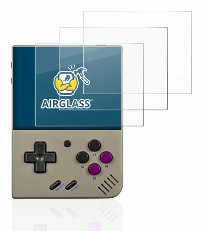 Imagen del dispositivo Miyoo Mini Plus con una amplia variedad de protectores de pantalla.