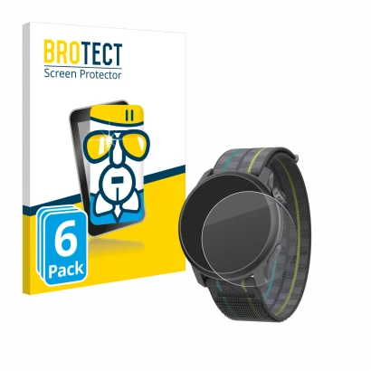 Parte frontal de un envase de producto con el logotipo de la marca BROTECT. Al lado se muestra el dispositivo Coros Pace 3 con