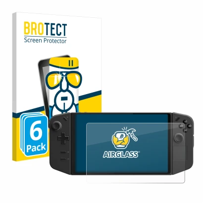 Parte frontal de un envase de producto con el logotipo de la marca BROTECT. Al lado se muestra el dispositivo Lenovo Legion Go