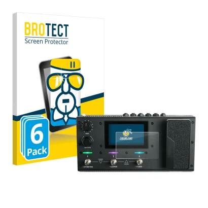 Parte frontal de un envase de producto con el logotipo de la marca BROTECT. Al lado se muestra el dispositivo Headrush MX5 con