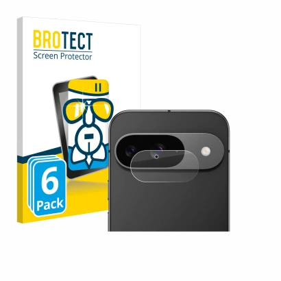 Parte frontal de un envase de producto con el logotipo de la marca BROTECT. Al lado se muestra el dispositivo Google Pixel 9 (