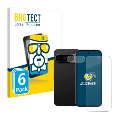 Parte frontal de un envase de producto con el logotipo de la marca BROTECT. Al lado se muestra el dispositivo Google Pixel 9 P