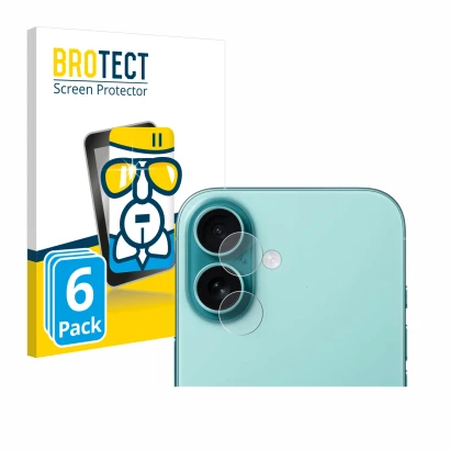 Parte frontal de un envase de producto con el logotipo de la marca BROTECT. Al lado se muestra el dispositivo Apple iPhone 16 